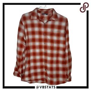 West‎ Marine Large Burnt Orange and White Plaid Long Sleeve Flannel Shirt